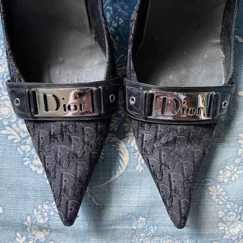 Christian Dior - Black Signature Logo Canvas Pumps W/ Silver Dior Plate Sz 9.5